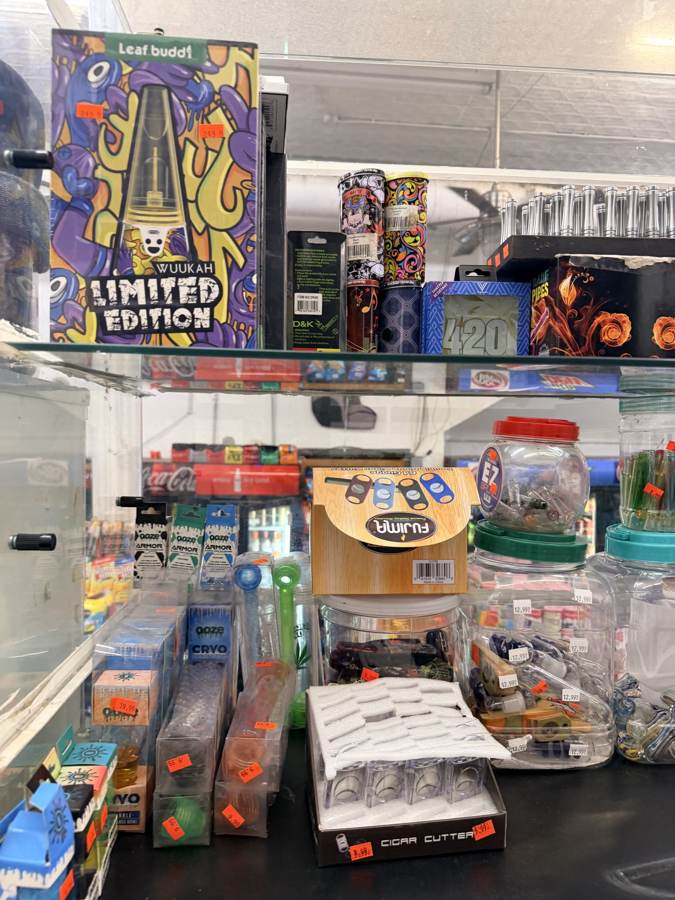 Glass and accessories behind the counter