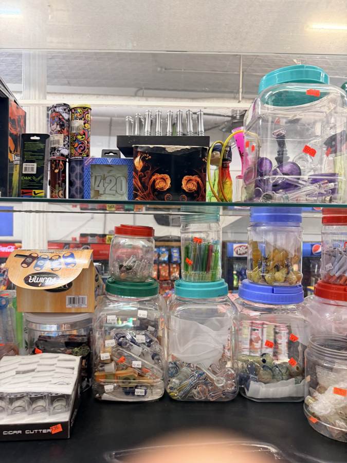Glass and accessories behind the counter
