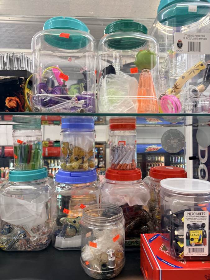 Glass and accessories behind the counter