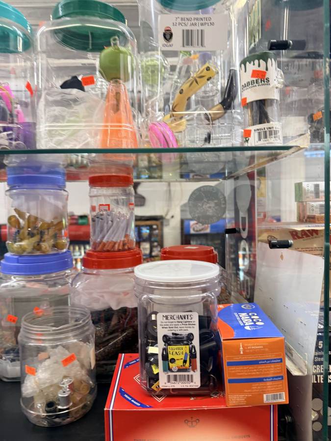 Glass and accessories behind the counter