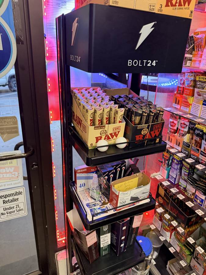 Papers and lighters behind the counter