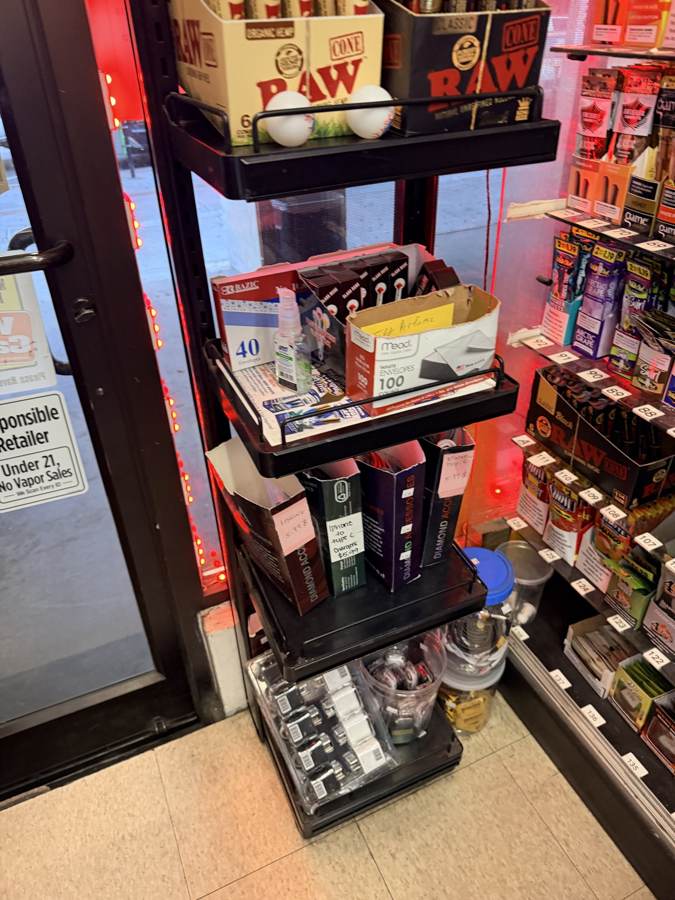 Papers and lighters behind the counter