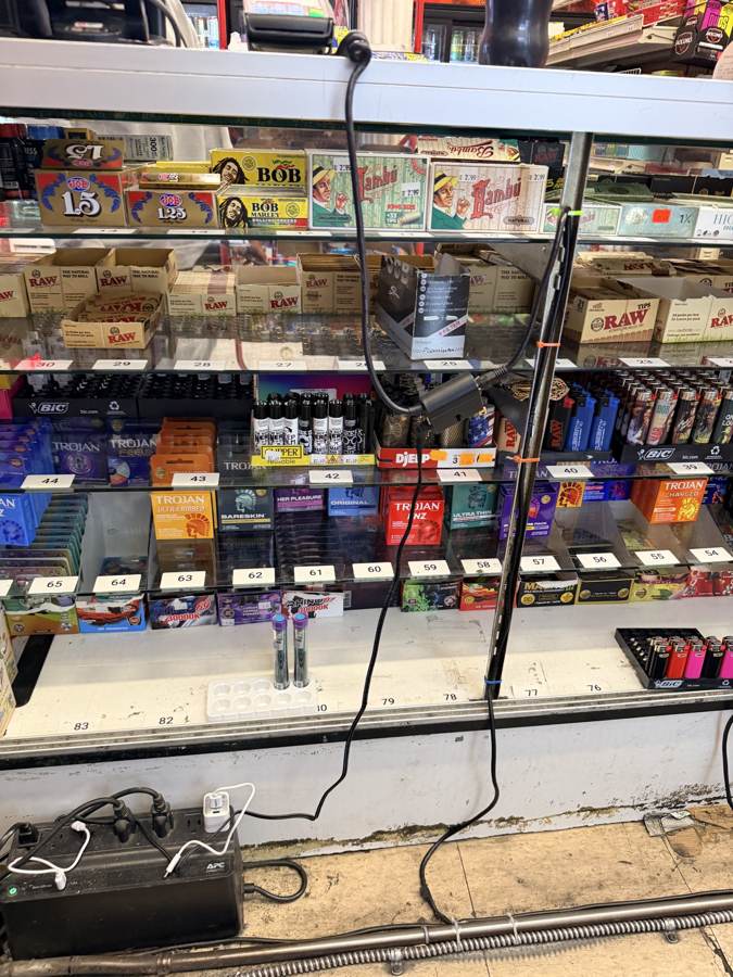 Papers and lighters behind the counter